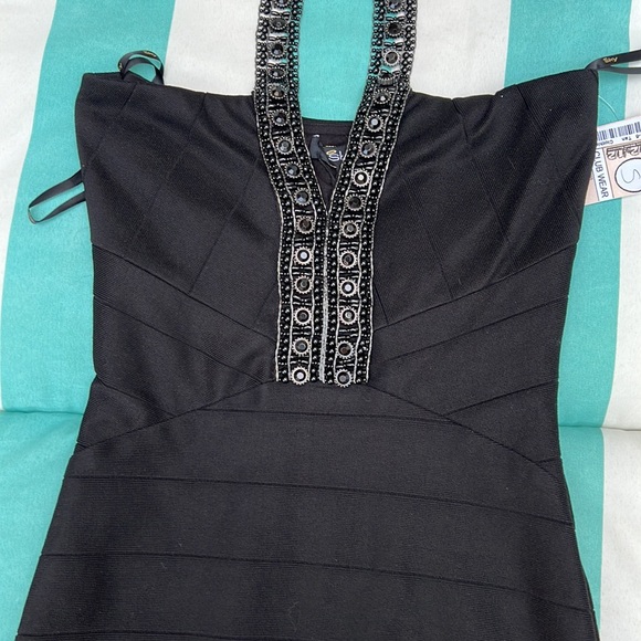 Sky Bandage Black Mini Dress with Jeweled Halter Neck Size S - Picture 8 of 12
